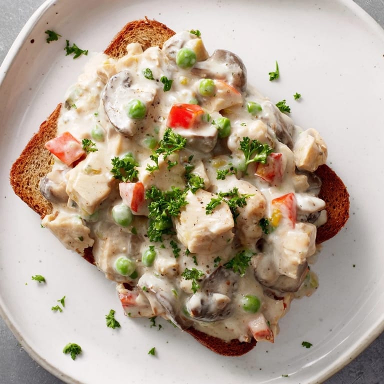 A close-up of Chicken à la King shows the creamy sauce over golden, toasted bread ready for eating.