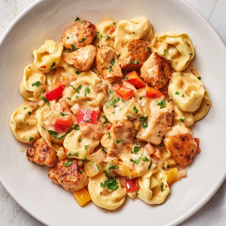 Fresh parsley garnish topping a hearty bowl of Zesty Cajun Garlic Parmesan Chicken Tortellini.