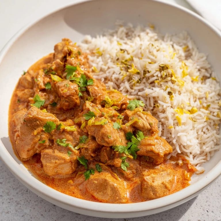 Fragrant basmati rice pilaf alongside a rich bowl of Butter Chicken, a flavorful Indian dinner.