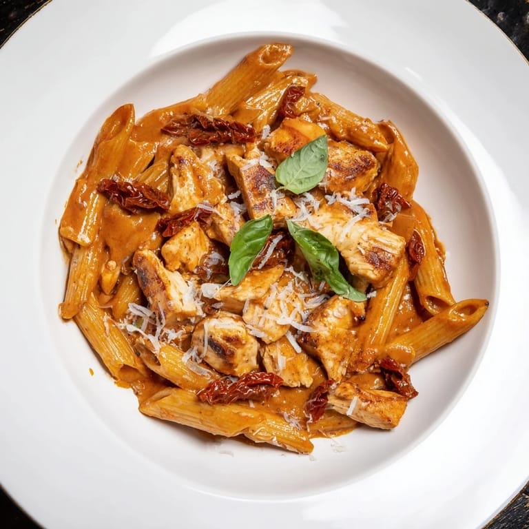 This photo features a steaming bowl of Creamy Tomato Basil Chicken Pasta, perfect for a cozy night.