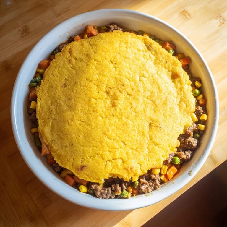 This hearty Cornbread Crusted Beef Pie displays a comforting aroma, perfect for family dinners.