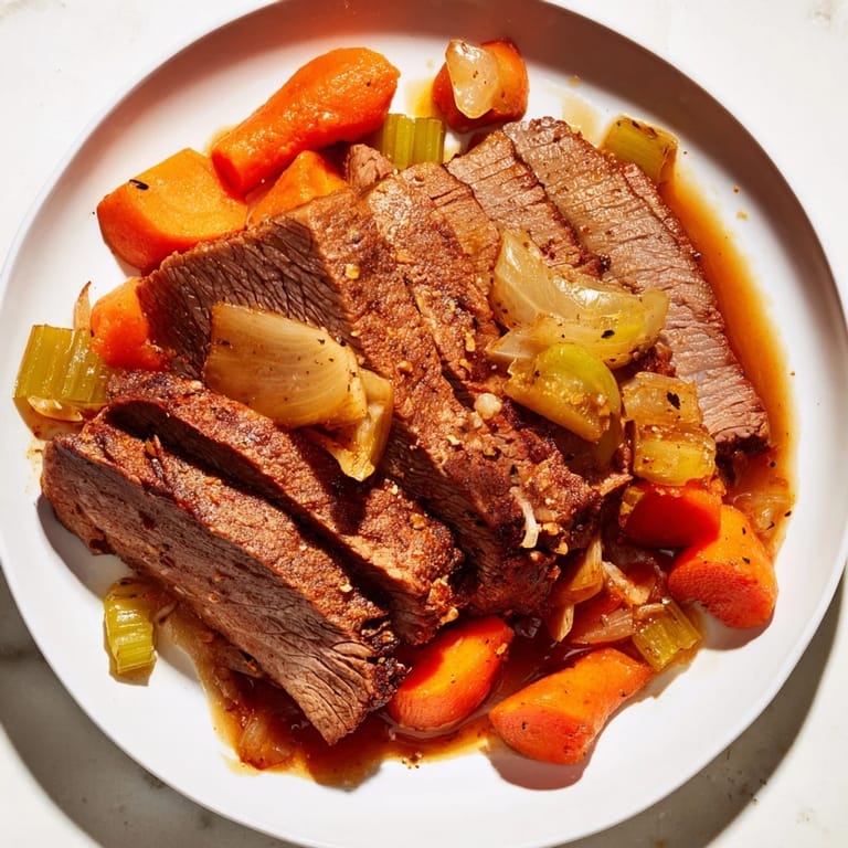 Slices of savory classic brisket sit near golden mashed sweet potatoes for a delicious dinner.