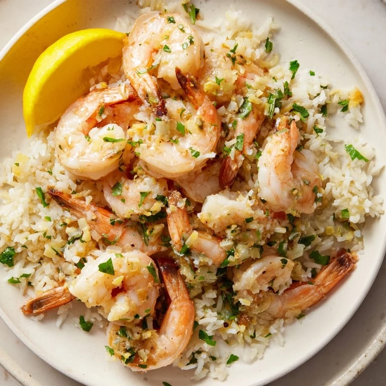 Golden-brown Garlic Butter Shrimp Rice Bowl, smelling of garlic and lemon, is a quick and satisfying dinner.
