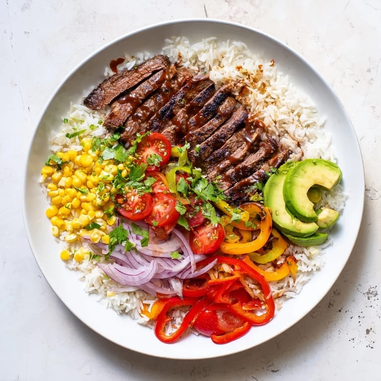 A delicious serving of BBQ Steak Fajita Bowl with juicy, grilled steak, and crunchy vegetables, garnished with fresh cilantro.