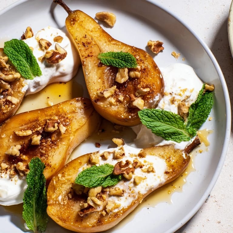 Close-up shot shows tender roasted pears with cinnamon, a walnut topping & Greek yogurt, a Mediterranean recipe.