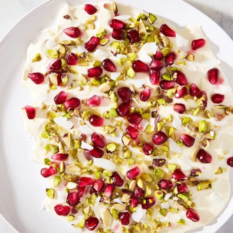 Homemade frozen yogurt bark showcasing a healthy snack with pops of red pomegranate and green pistachios.