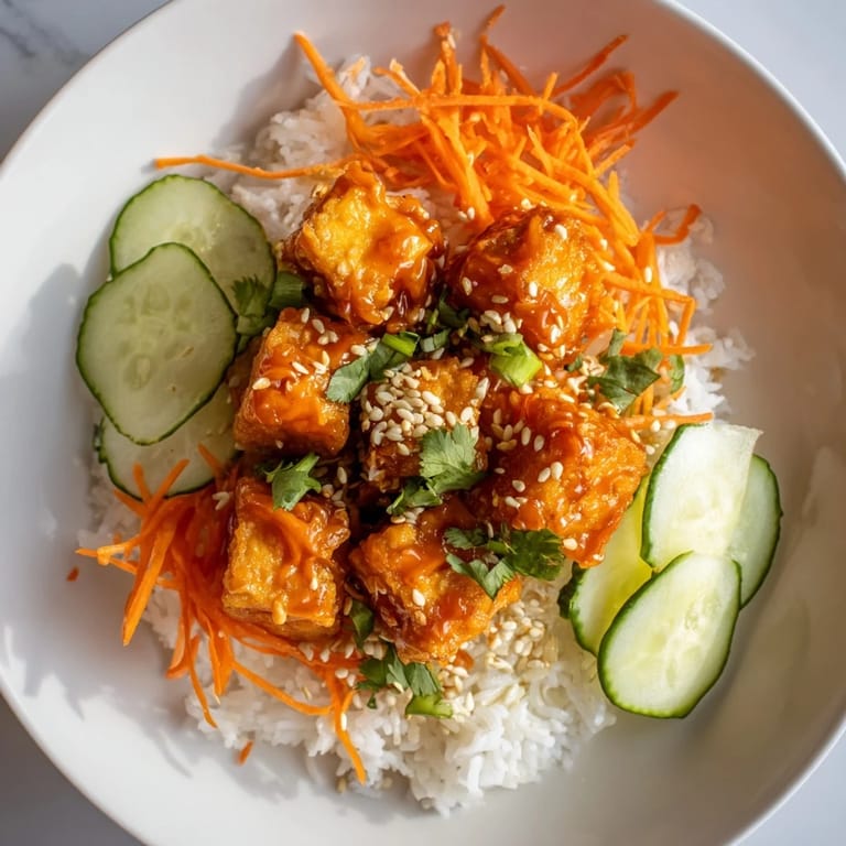 Enjoy a healthy vegetarian meal of Chili-Mayo Baked Tofu Bowls with perfectly cooked rice and crisp veggies.