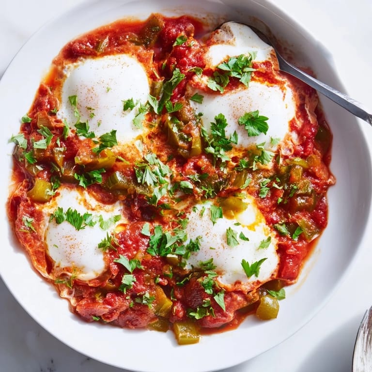 A sizzling skillet of Shakshuka, topped with perfectly poached eggs and fresh herbs served warm.