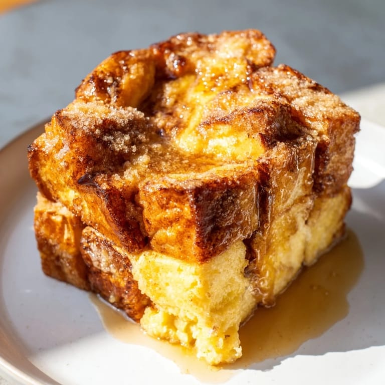 This baked French Toast Bake presents a beautifully browned top with a custardy, cinnamon-infused inside.