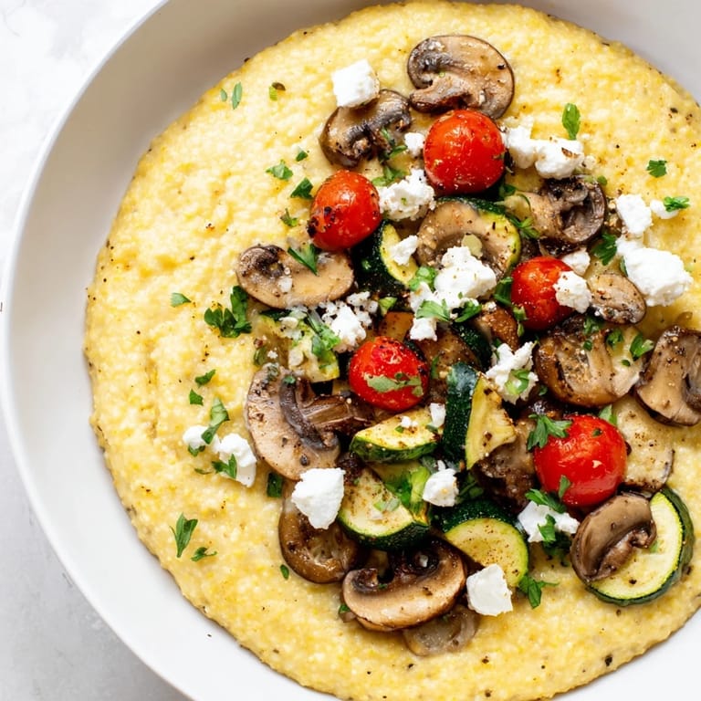 Golden Cornmeal Mush Polenta Bowls, plated with sautéed mushrooms, herbs, and a drizzle of olive oil.