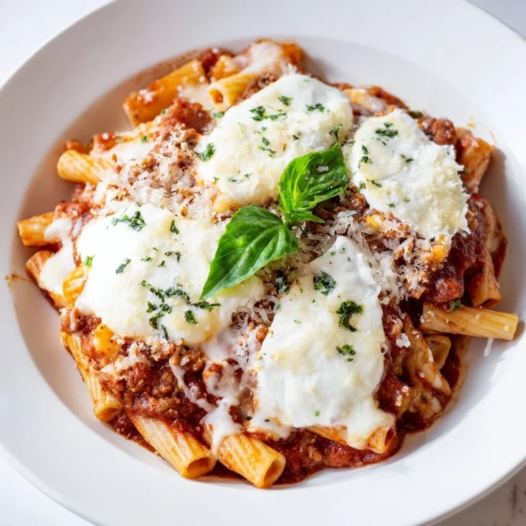 A close-up of cheesy, steaming One-Pan Baked Ziti, fragrant with herbs and ready to serve.