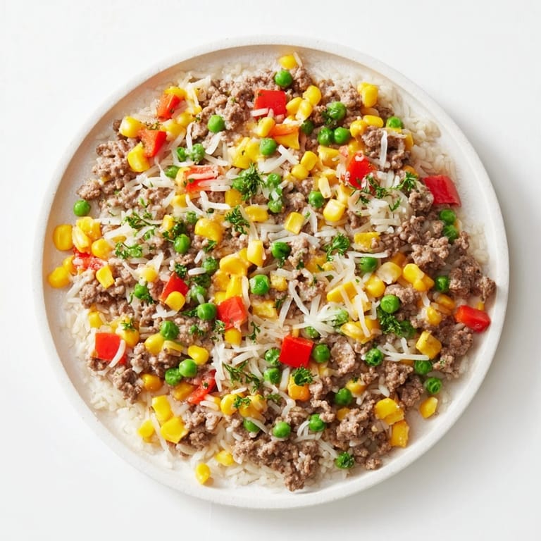 Enjoy a photo of the delicious Ground Beef Skillet with Veggies & Rice, ready to serve with optional fresh herbs.