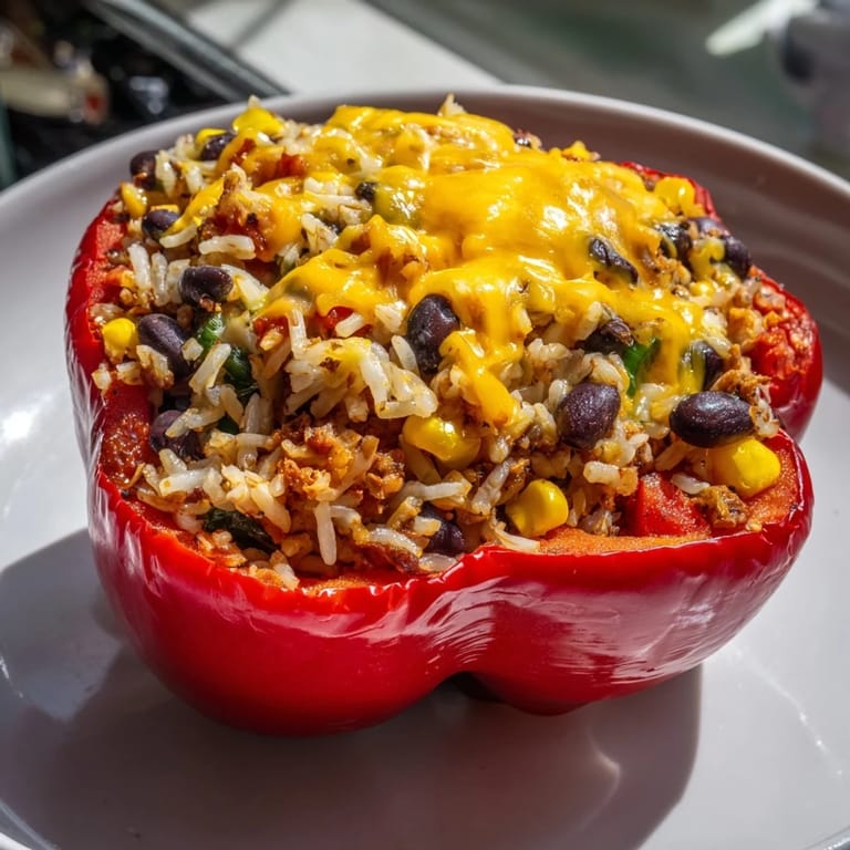 Golden cheese melting over colorful stuffed bell peppers, a delicious and balanced vegetarian meal.