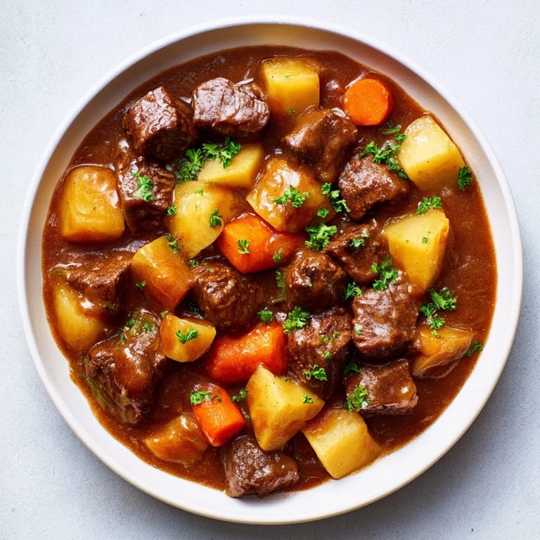 Spoonful of Instant Pot Beef Stew showcasing rich broth and chunks of beef alongside carrots and potatoes.