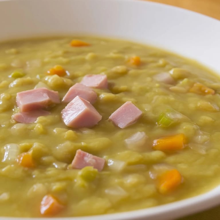 Close-up of a richly colored Split Pea and Ham Soup, with tender ham and vegetables visible throughout.