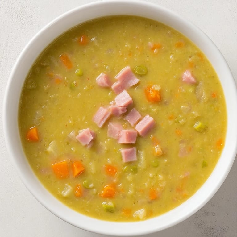 A delicious bowl of Split Pea and Ham Soup, perfect for a cozy dinner with crusty bread alongside.