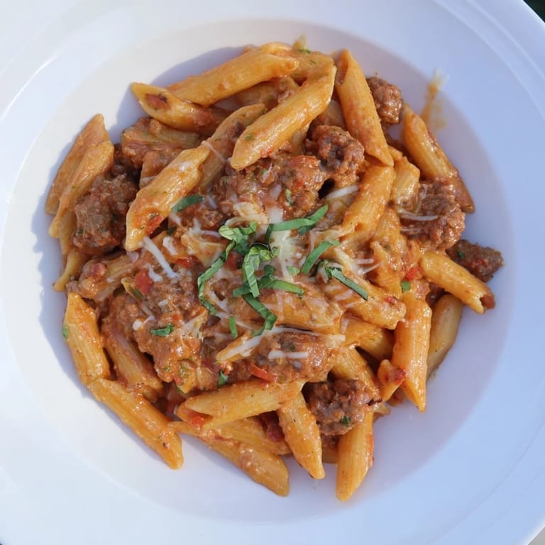 Warm creamy tomato and sausage pasta in a bowl; imagine the inviting aroma of herbs and creamy sauce.