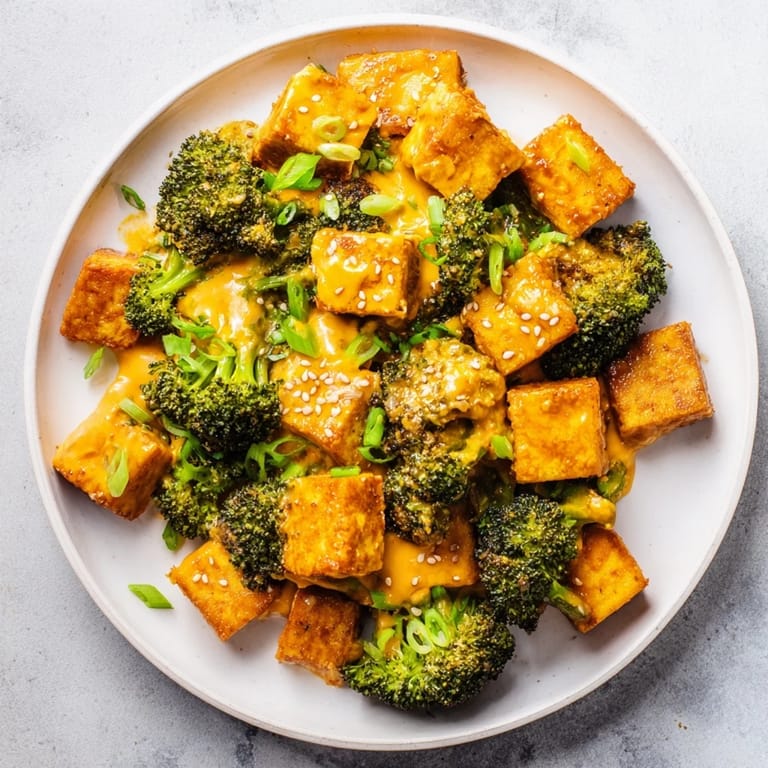 Close-up of the flavorful Cheesy Baked Tofu and Broccoli, showing a creamy, cheesy, and delicious texture.