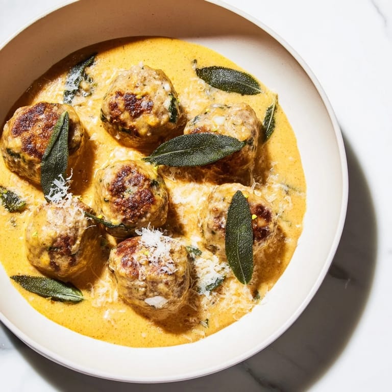 Delicious turkey meatballs in pumpkin sage sauce served over pasta, a colorful, Autumn meal.