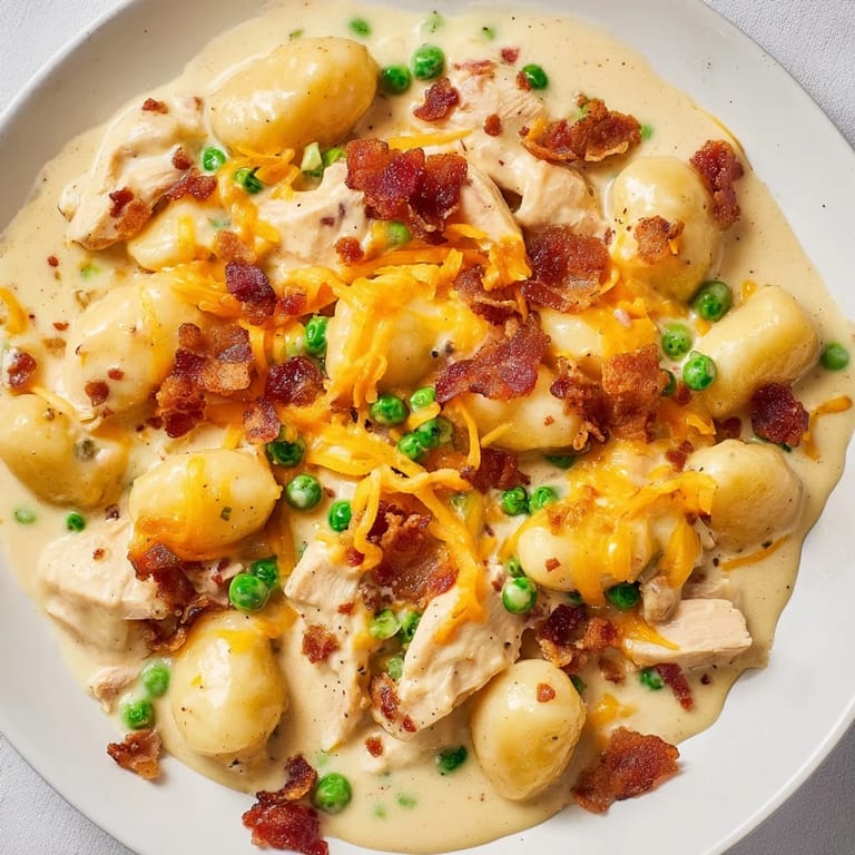 Warm, inviting photo of Creamy Crack Chicken Gnocchi: tender gnocchi coated in a delicious, cheesy sauce.