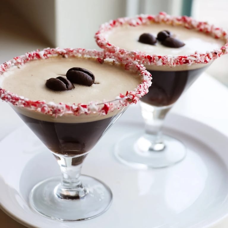 A creamy, dark Peppermint Espresso Martini, garnished with espresso beans for a festive cocktail.