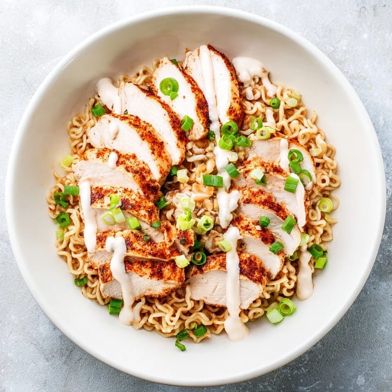 Enjoy a comforting bowl of Fiery Chicken Ramen, a vibrant mix of spicy broth and savory chicken, ready to eat.