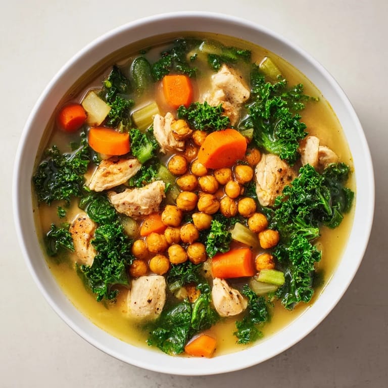 Golden, crispy chickpeas topping a flavorful Chicken Kale Soup, a comforting American classic.