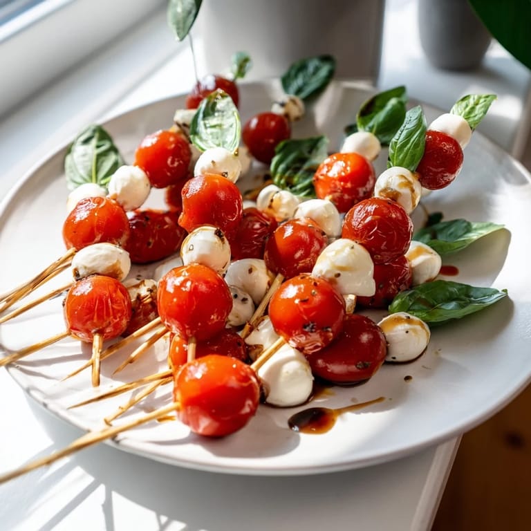 Festive Easy Christmas Tree Caprese Skewers with juicy tomatoes, basil, and creamy mozzarella, ready to serve as an appetizer.