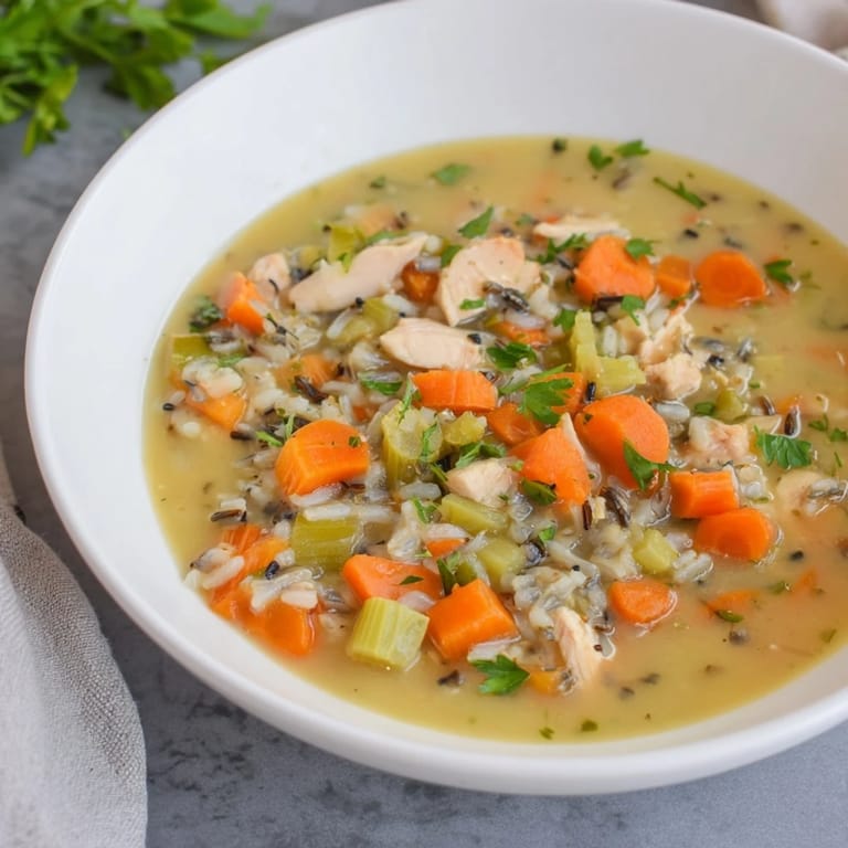 Deliciously thick Quick Chicken and Wild Rice Soup served with crusty bread for a perfect, easy lunch.