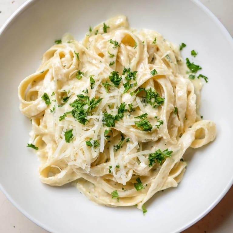Creamy, light Skinny Alfredo Garlic Parmesan Snowy Pasta; a comforting Italian-American vegetarian meal.