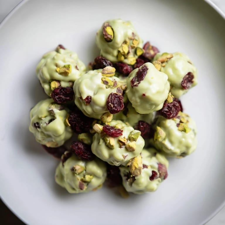 Melting white chocolate infused with bright matcha powder and tart cranberries forms these delightful Matcha Bark Clusters.