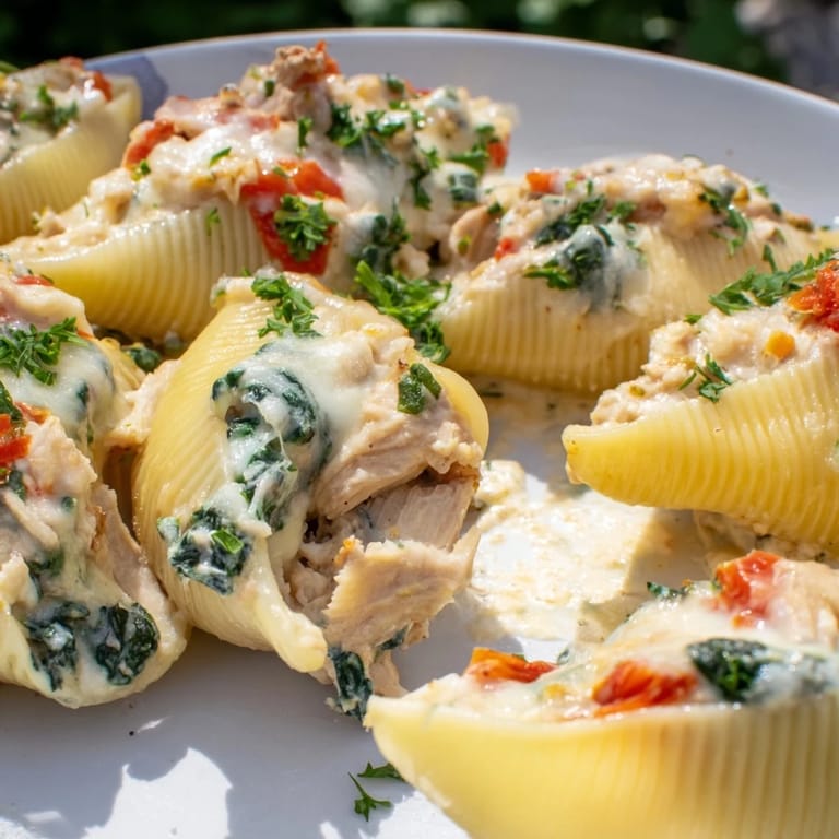 A close-up of baked High-Protein Cottage Cheese Alfredo Christmas Shells, garnished with red pepper and parsley.