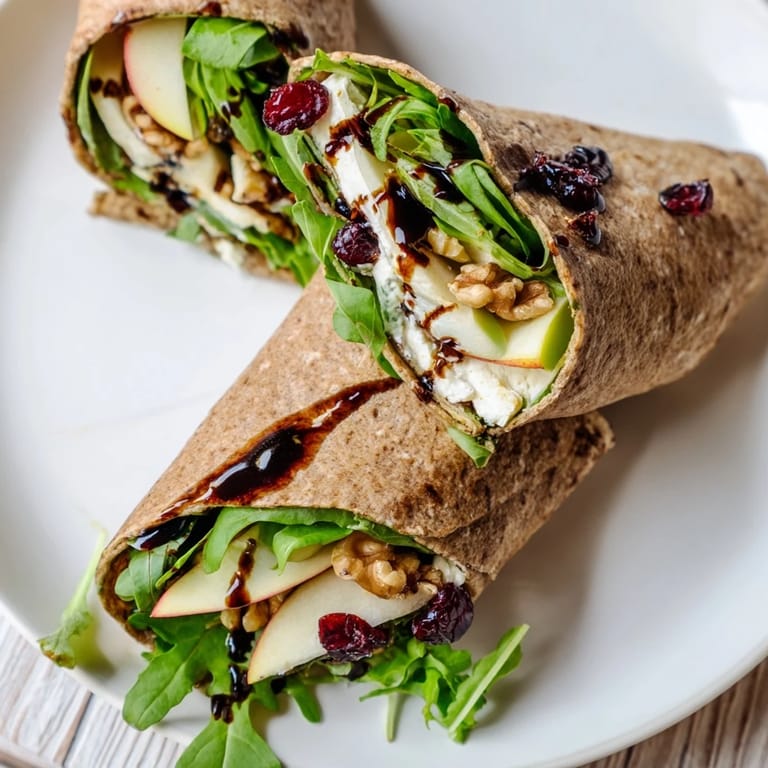 A closeup reveals layers of ingredients within the fresh Cranberry Goat Cheese & Walnut Holiday Wrap.