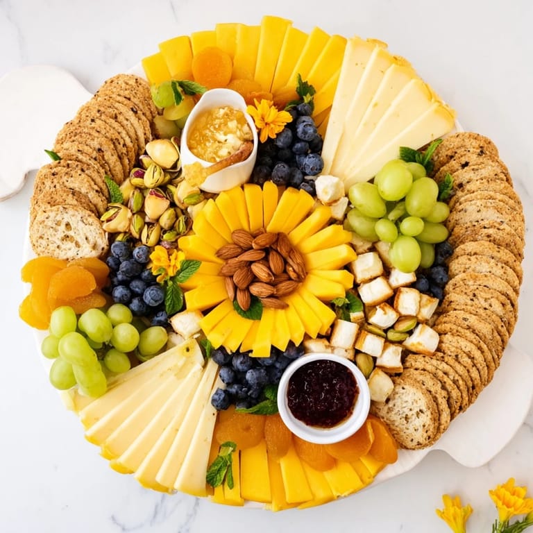 Vibrant Daffodil Cheese Board features cheddar, brie, goat cheese, fruits, and crackers perfect for spring entertaining.