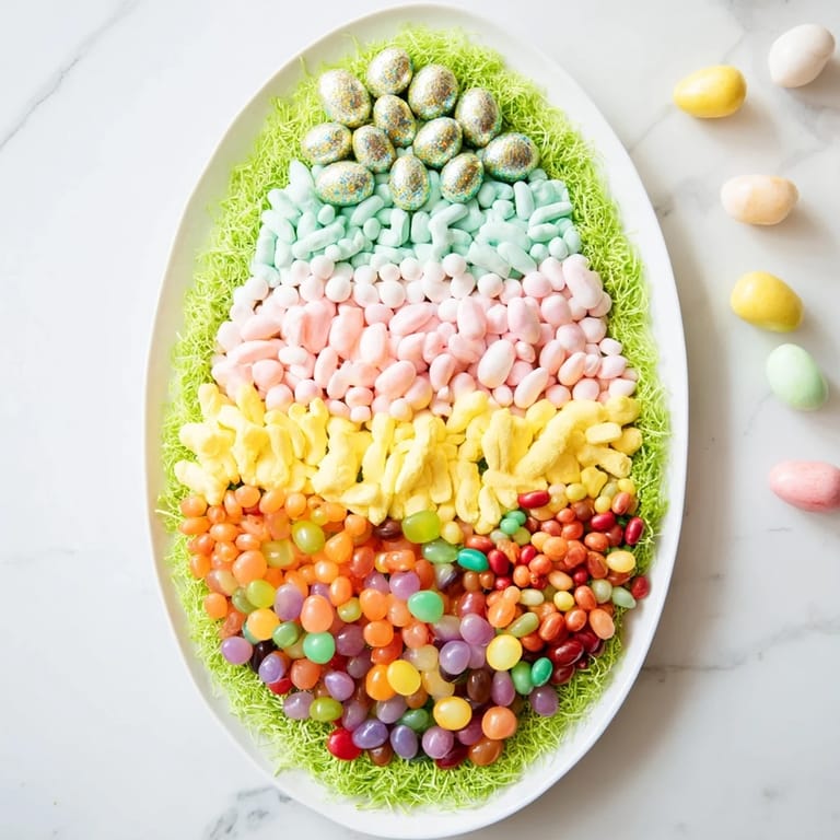 Close-up of a colorful Egg-Shaped Candy Platter filled with assorted sweets and candies, ready to enjoy.