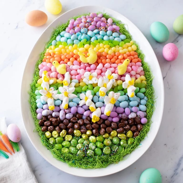 Easter-themed Egg-Shaped Candy Platter loaded with delightful candies; a sweet, celebratory dessert.