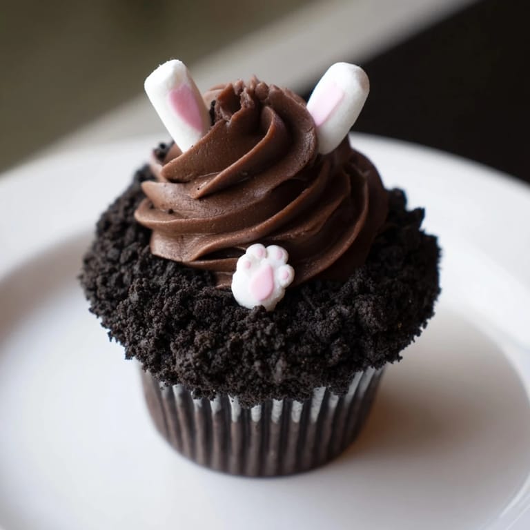 These Bunny Burrow Cupcake Tray treats showcase fluffy chocolate frosting and playful bunny-themed fondant decorations.