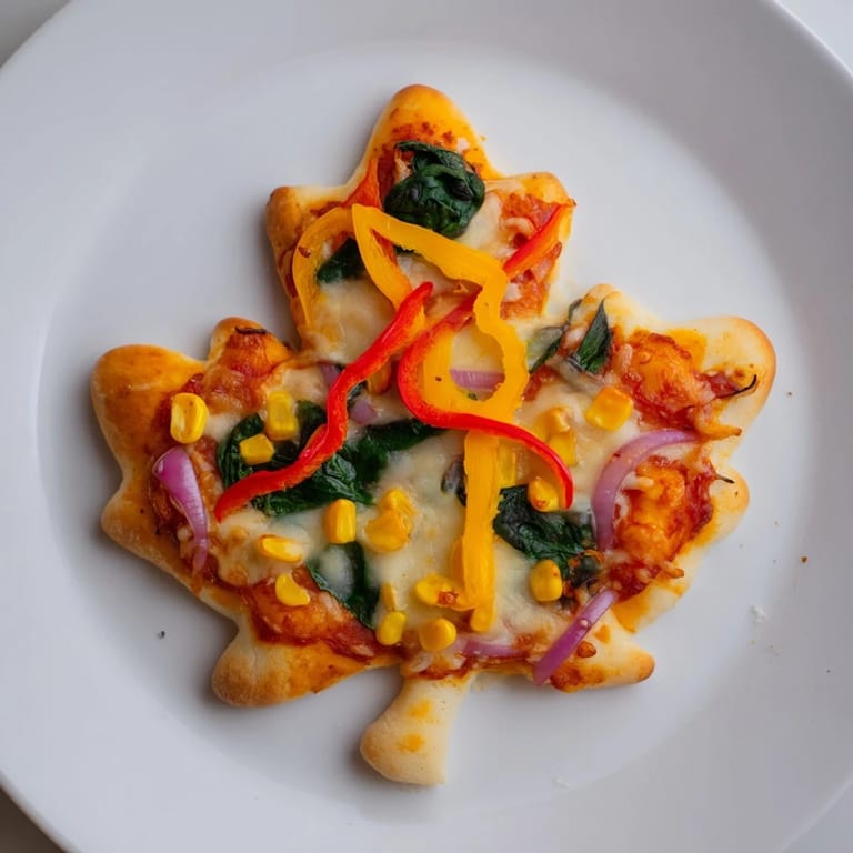 Close-up of delicious Fall Foliage Maple Leaf Mini Pizzas, showing off the perfectly melted cheese and fresh toppings.