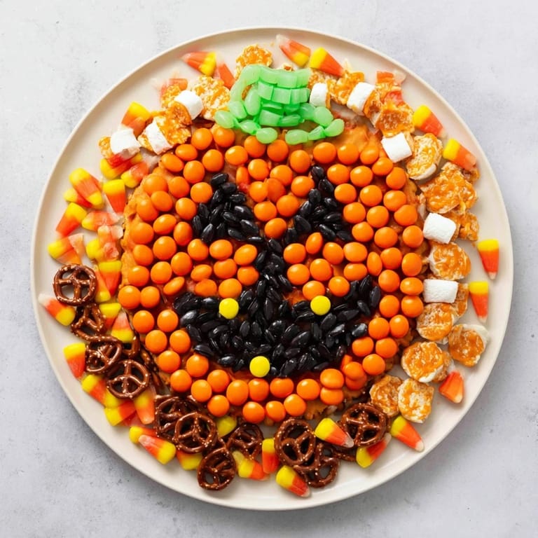 Vibrant image: a festive Jack-o-Lantern candy board overflowing with various sweet treats.