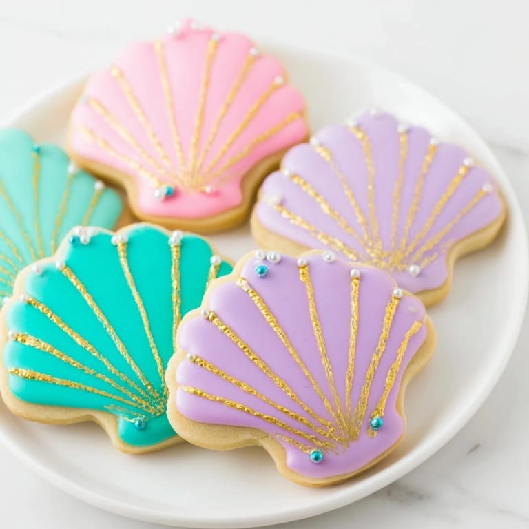These colorful Seashell Sweets display their intricate icing designs, ready to be enjoyed at a party.