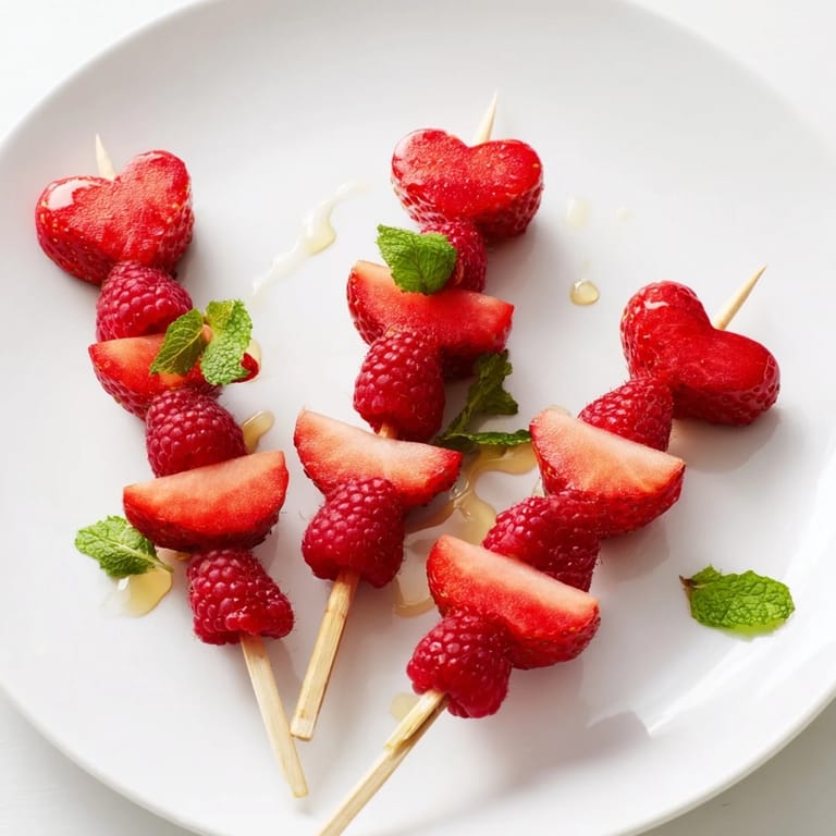 Delicious red heart fruit skewers with juicy strawberries, watermelon, and fresh raspberries, ready to enjoy.