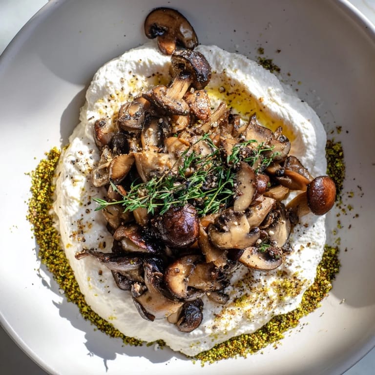 A vibrant cottagecore mushroom and moss savory platter, featuring fresh herbs and rustic breadcrumbs.