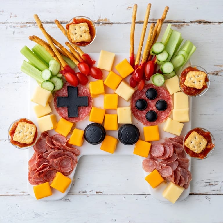 Fun and festive game night: a controller snack platter with olives, tomatoes, and pretzel "joysticks".