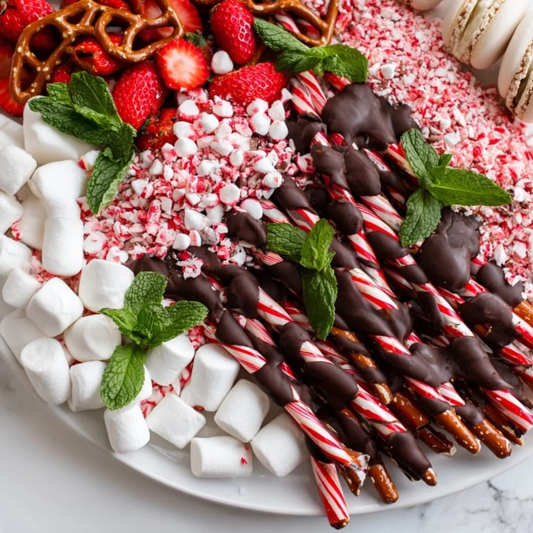 Christmas-themed Candy Cane Dessert Platter overflowing with peppermint bark, macarons, and dipped pretzels.