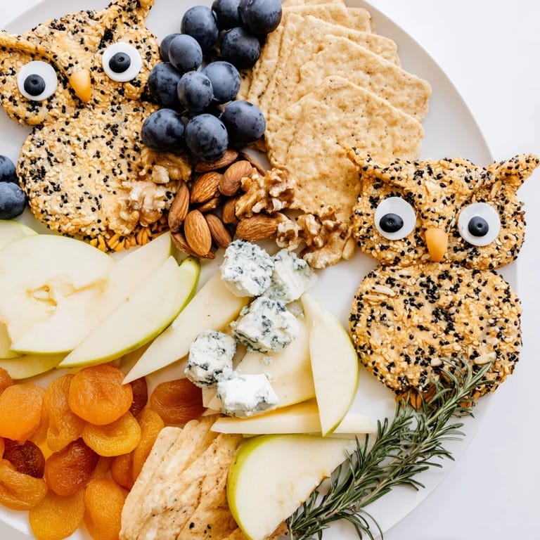 Vibrant Owl Cracker and Cheese Board showcasing assorted cheeses and inviting fruits with crunchy walnuts.