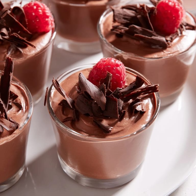 Elegant presentation of individual chocolate mousse dessert cups, showcasing airy texture and decadent chocolate flavor.