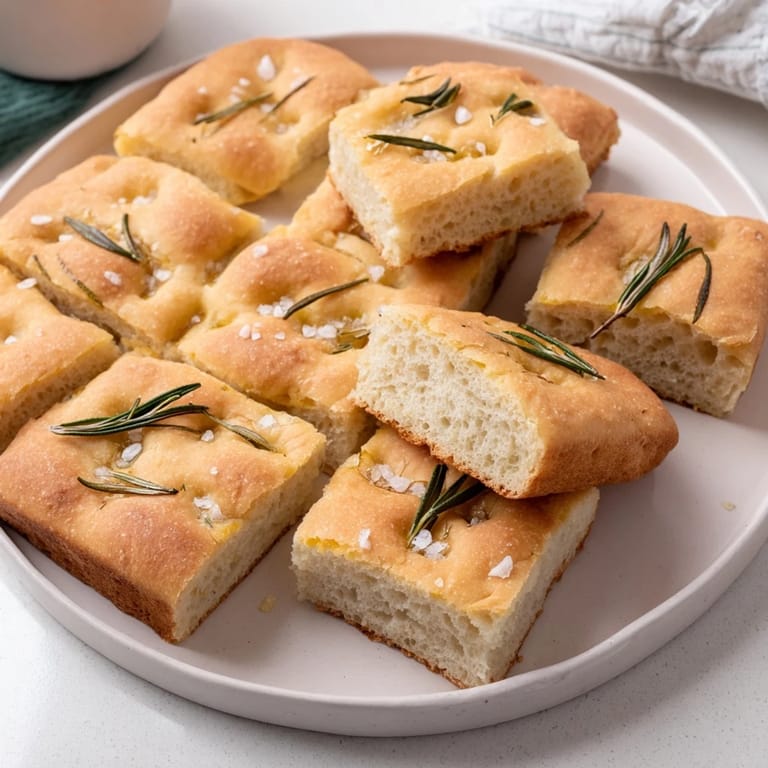 Warm, soft holiday focaccia bread slices, showcasing a golden crust and fragrant rosemary sprigs.