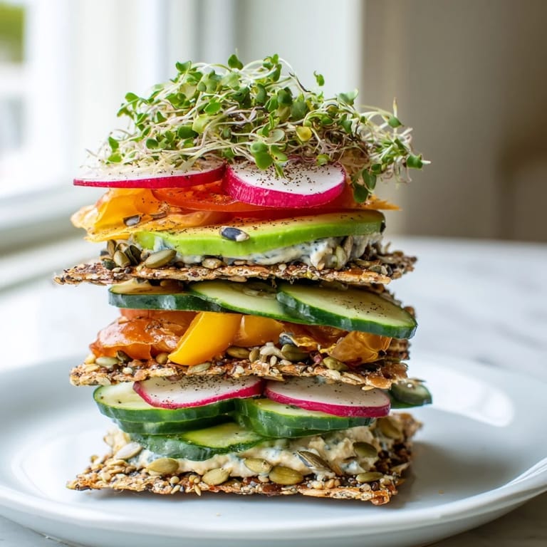 Experience the flavorful Gluten-Free Gourmet Tower: layered with bread, crackers, and creamy toppings.