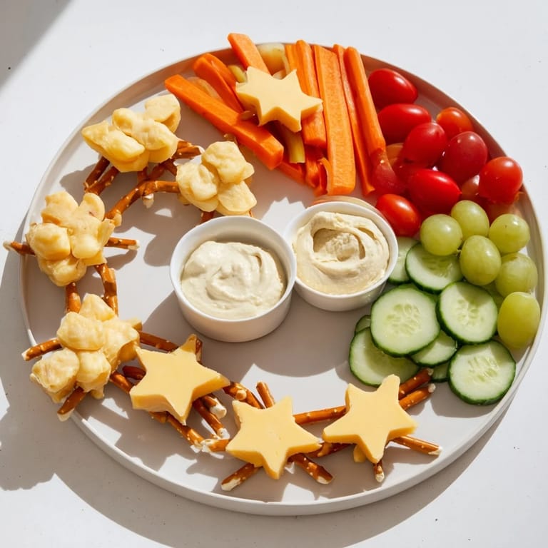 A close-up of The Kids Snack Adventure Map showcasing cheese cutouts, crunchy pretzels, and fresh snacks.