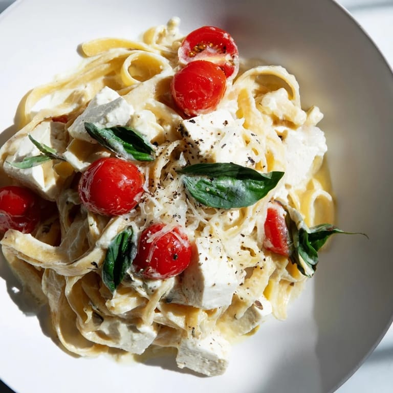 Warm bowl of Baked Brie Pasta Sauce: rich, cheesy pasta topped with fresh basil and black pepper.